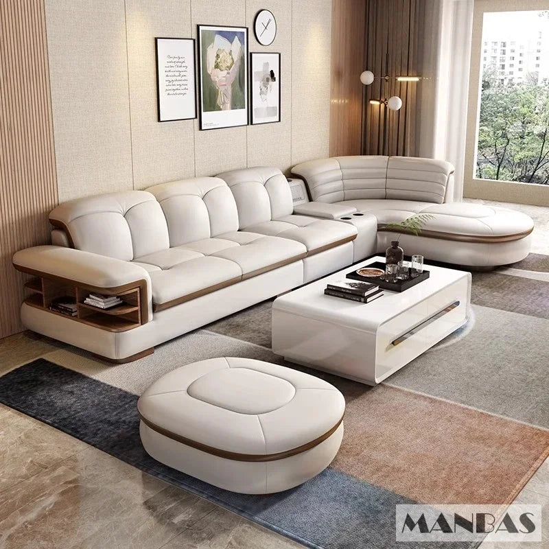 Luxuriöse L-förmige Sektionalsofa-Sets aus echtem Leder mit USB, Bluetooth-Lautsprecher – Linlamlim Wohnzimmer italienische Ledersofas
