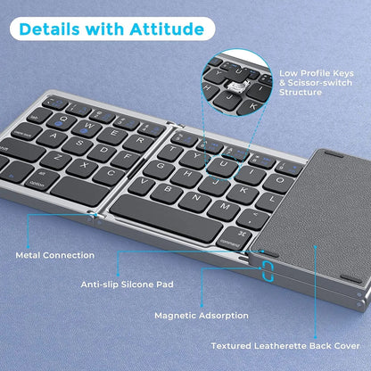 Dual Bluetooth 5.1 Foldable Keyboard with Touchpad – 3-Fold Mini Wireless Keyboard for Windows, Android, iOS, iPad | Rechargeable &amp; Portable