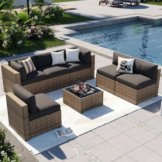 7-Piece Patio Furniture Set – Outdoor Wicker Sectional Sofa with Thick Cushions