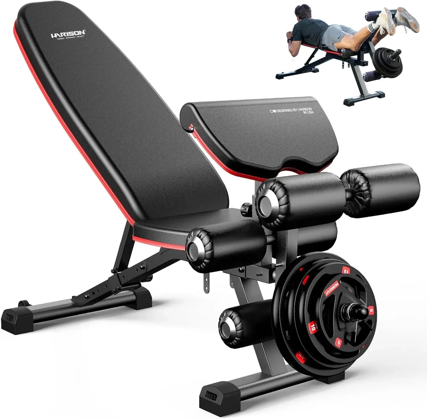 Verstellbare Hantelbank mit Beinpresse und Curlpult, Trainingsbank für Krafttraining im Home-Gym
