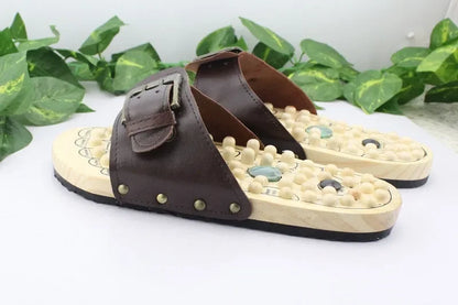 Health care Wooden base acupunture foot massage slippers natural stone acupoint massage slippers
