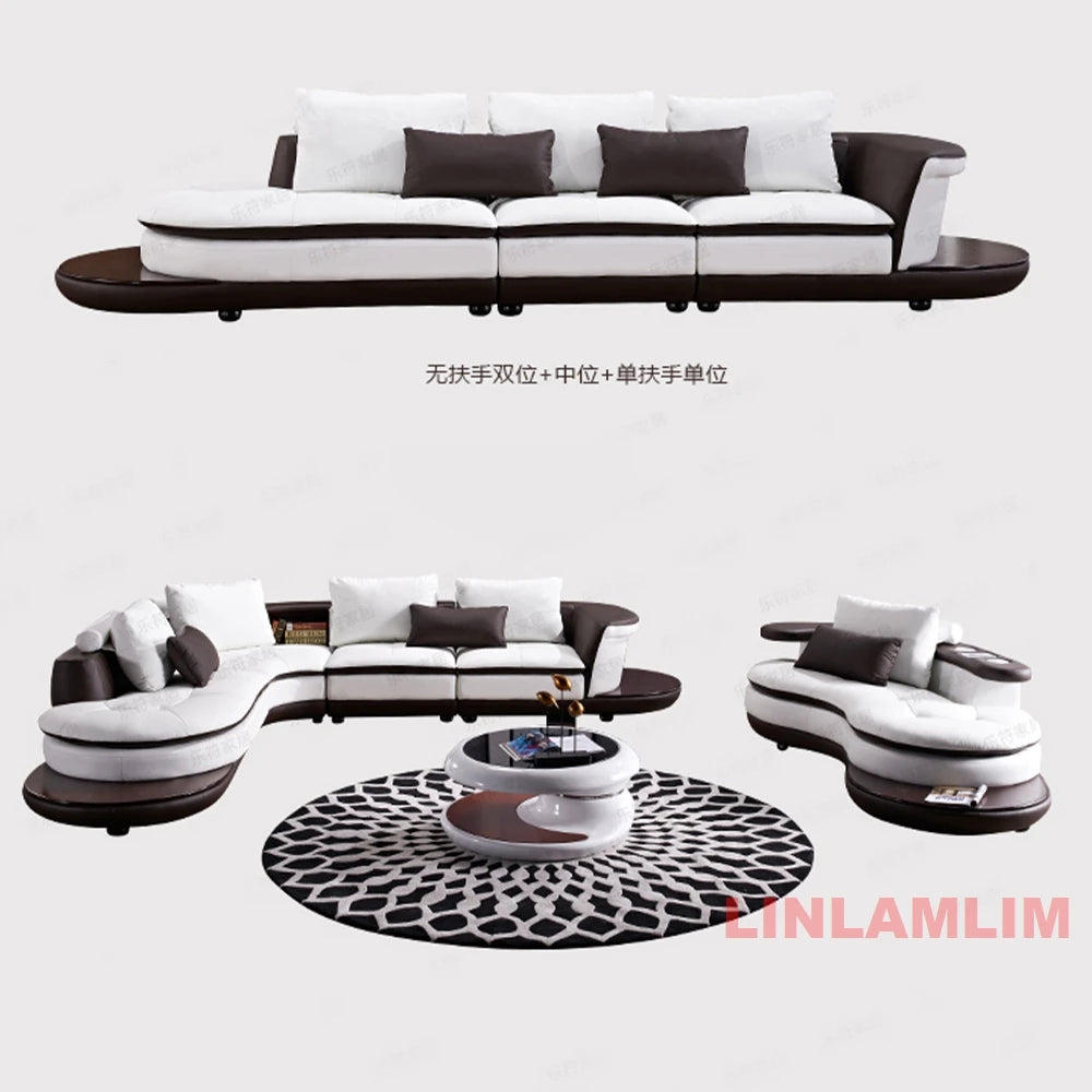 Modernes Luxus-Sofa-Set aus echtem Leder mit Lautsprecher und USB, U-förmiges Wohnzimmersofa mit Ablageregalen