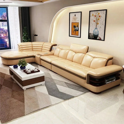 Luxuriöse L-förmige Sektionssofas aus echtem Leder mit USB- und Bluetooth-Lautsprecher – MINGDIBAO Wohnzimmer Italienische Ledersofas