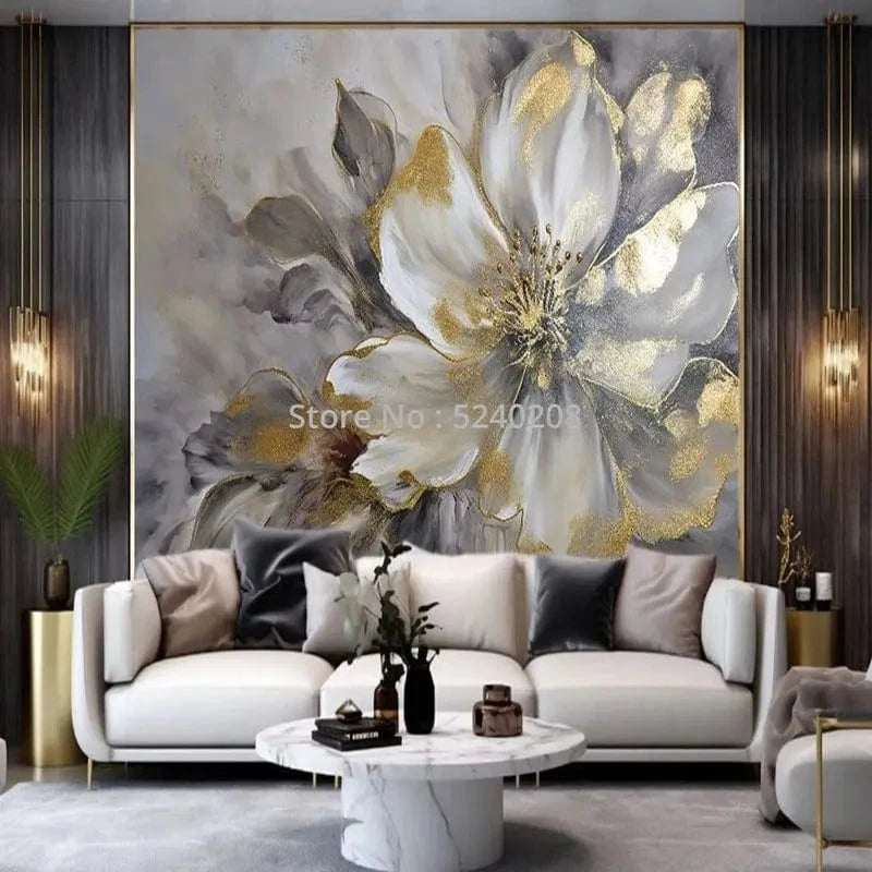 Custom 3D Modern Gold Leaf Flower Art Wallpaper Mural