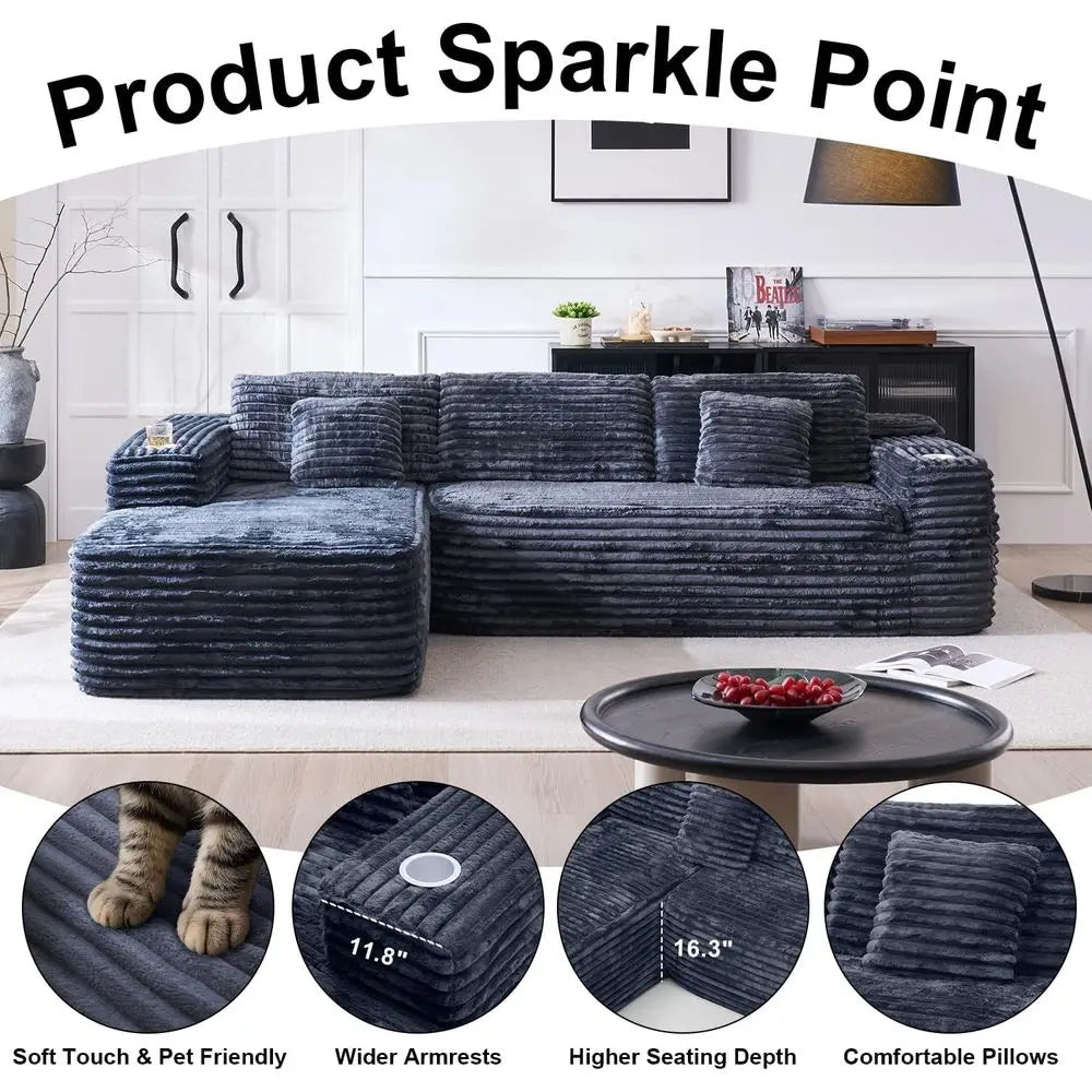 Cloud-Ecksofa mit L-förmiger Chaiselongue, modernes modulares Sofa mit tiefer Sitzfläche, integriertem Getränkehalter und Aufbewahrungstasche für das Wohnzimmer