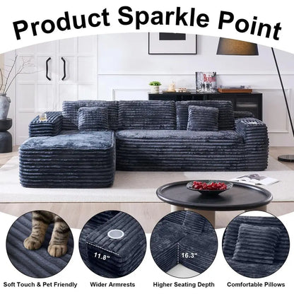 Cloud-Ecksofa mit L-förmiger Chaiselongue, modernes modulares Sofa mit tiefer Sitzfläche, integriertem Getränkehalter und Aufbewahrungstasche für das Wohnzimmer