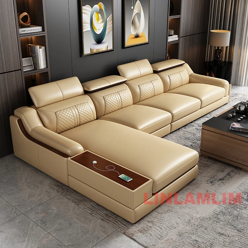 Modernes U-förmiges Ecksofa-Set mit Chaiselongue, echtes Leder Sofa mit Ablagetisch, USB – Große Wohnzimmermöbel