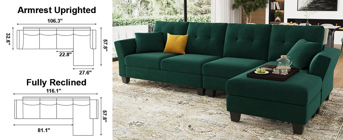 L-förmiges Sofa 4-Sitzer Sofa mit Récamiere L-förmige Sofas Umwandelbares Sektionssofa (Dunkelgrün, L-förmiges Sofa)