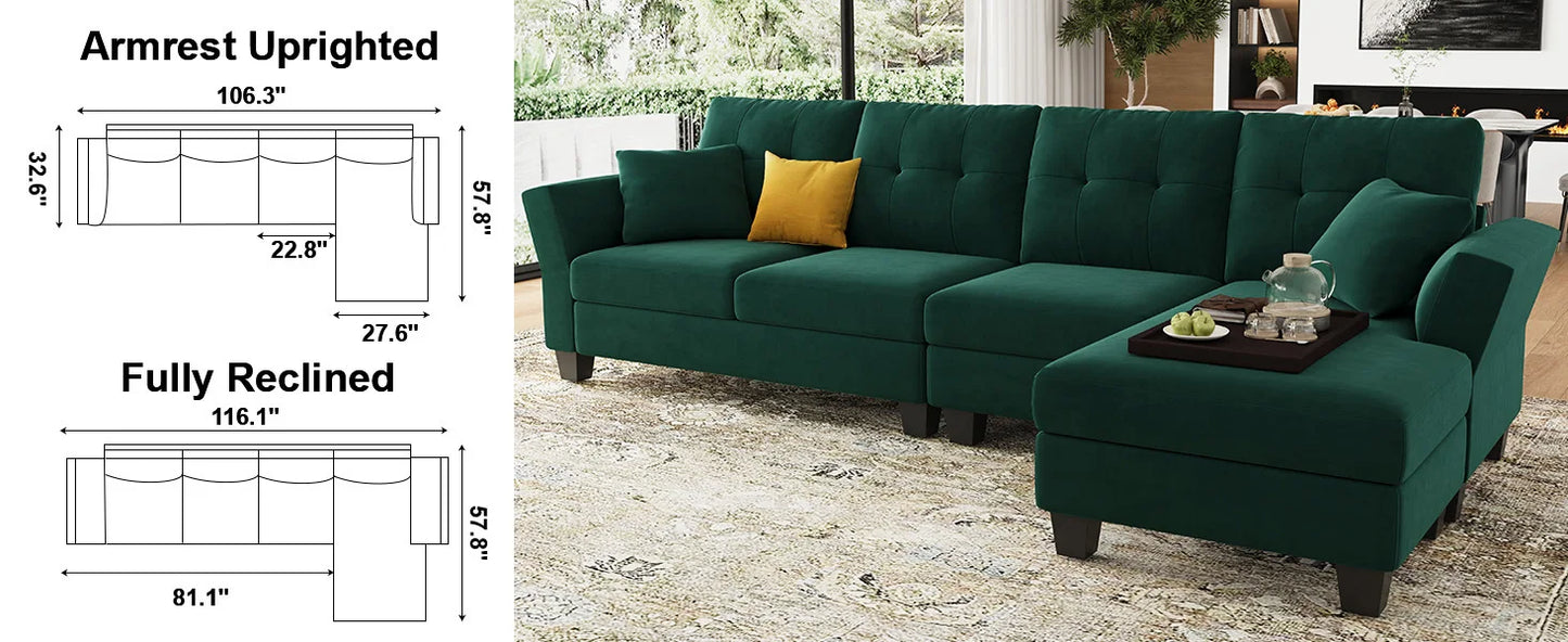 L-förmiges Sofa 4-Sitzer Sofa mit Récamiere L-förmige Sofas Umwandelbares Sektionssofa (Dunkelgrün, L-förmiges Sofa)
