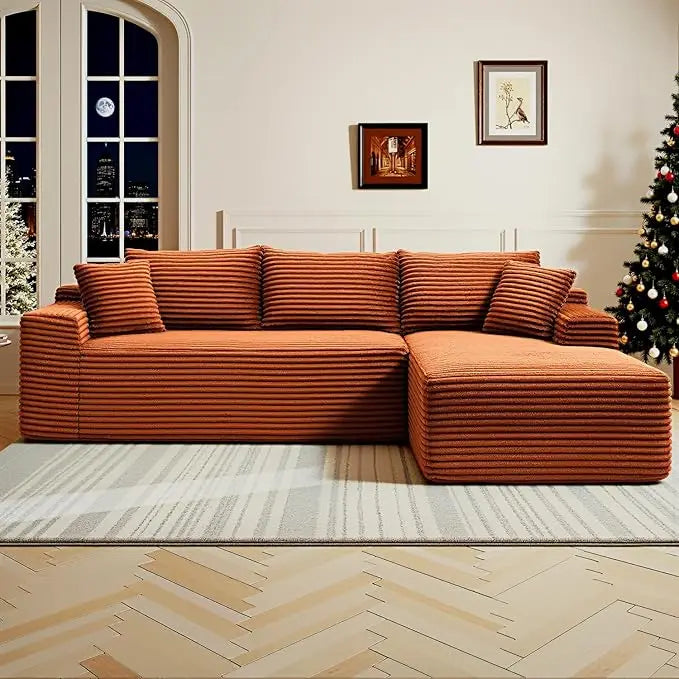Modernes 108 L-förmiges Ecksofa, tiefes Wolkensofa, Cordstoff, Schwarz, Recamiere rechts, Wohnzimmermöbel, keine Montage