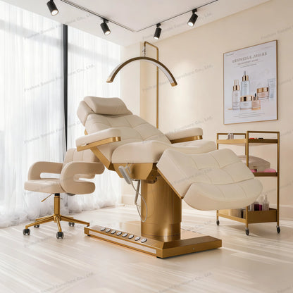 Luxuriöses elektrisches Schönheitsbett mit goldenem Sockel, Leder-Massagebett, Salon-Gesichts-Wimpernliege mit Beleuchtung