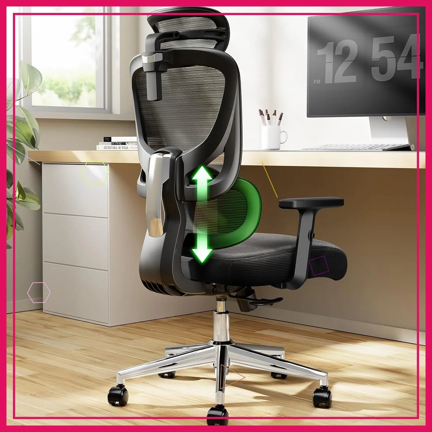Ergonomischer Gaming-Bürostuhl mit verstellbarer Lordosenstütze, atmungsaktiver Netzbespannung und Wippfunktion – Schwarz