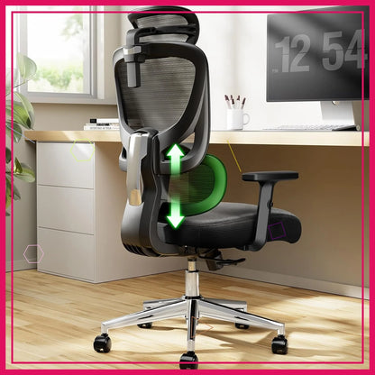 Ergonomischer Gaming-Bürostuhl mit verstellbarer Lordosenstütze, atmungsaktiver Netzbespannung und Wippfunktion – Schwarz