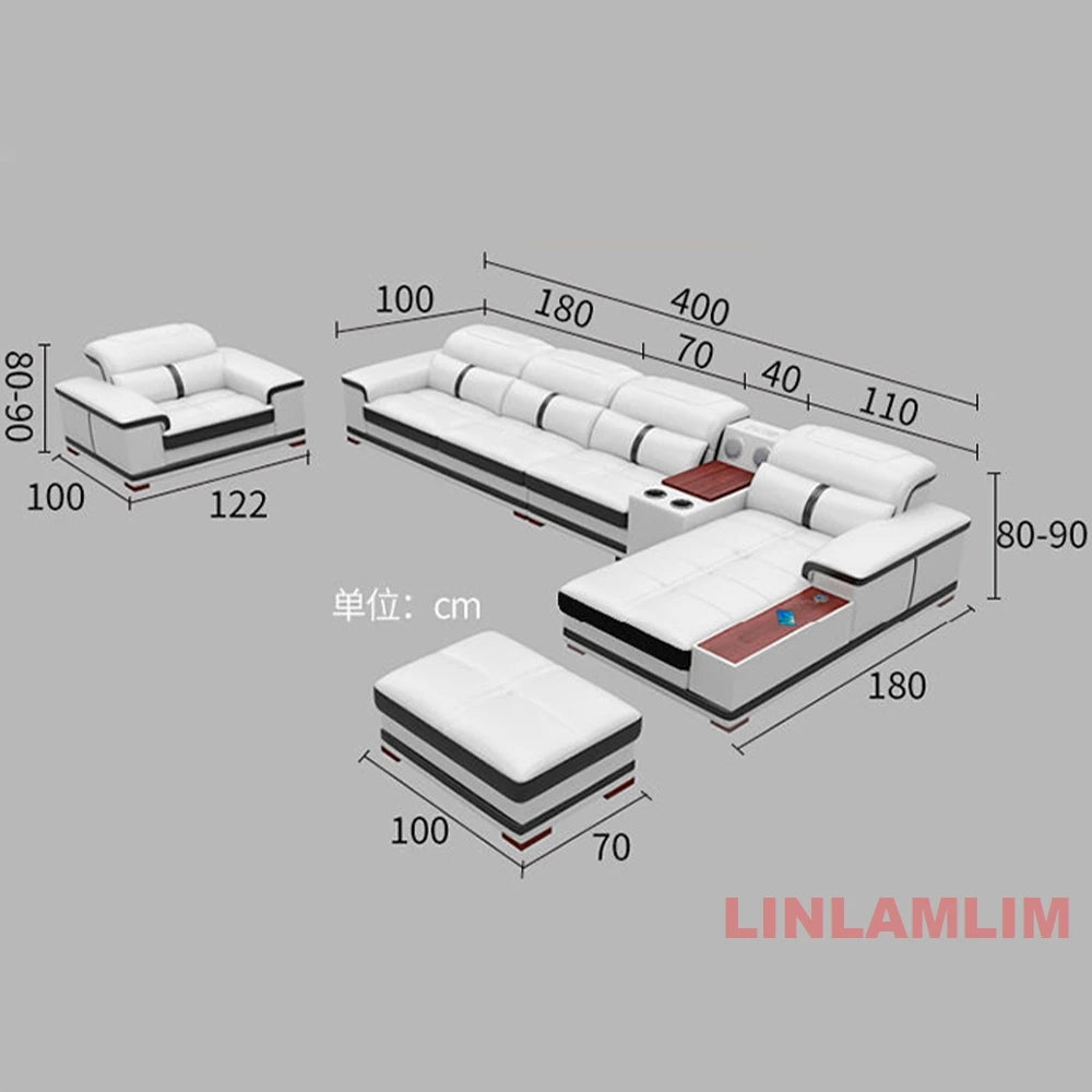 Modern U-Shaped Sectional Sofa with Chaise, White Genuine Leather Couch with Cup Holders, USB – Large Living Room Furniture Set