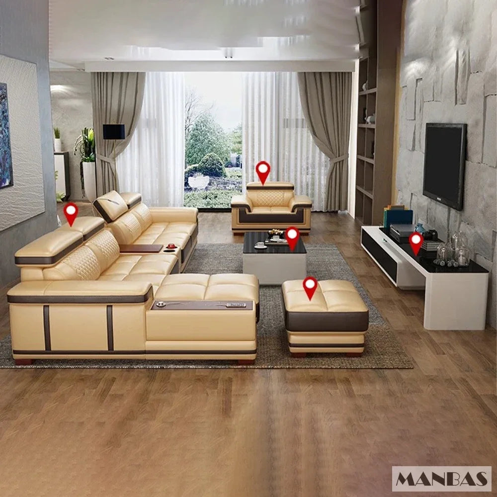 Modernes Luxus-Ecksofa aus echtem Leder mit Recamiere, verstellbarer Kopfstütze, integriertem Stauraum, USB-Ladefunktion, Getränkehalter