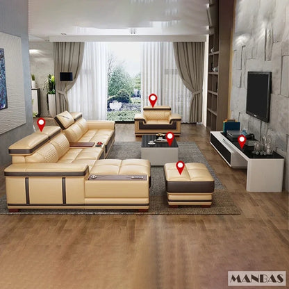 Modernes Luxus-Ecksofa aus echtem Leder mit Recamiere, verstellbarer Kopfstütze, integriertem Stauraum, USB-Ladefunktion, Getränkehalter