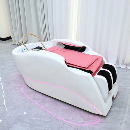 Modern Beauty Salon Furniture pink Light Salon Shampoo Chair Bed Luxury Electric Massage Washing Chair with Water Circulation