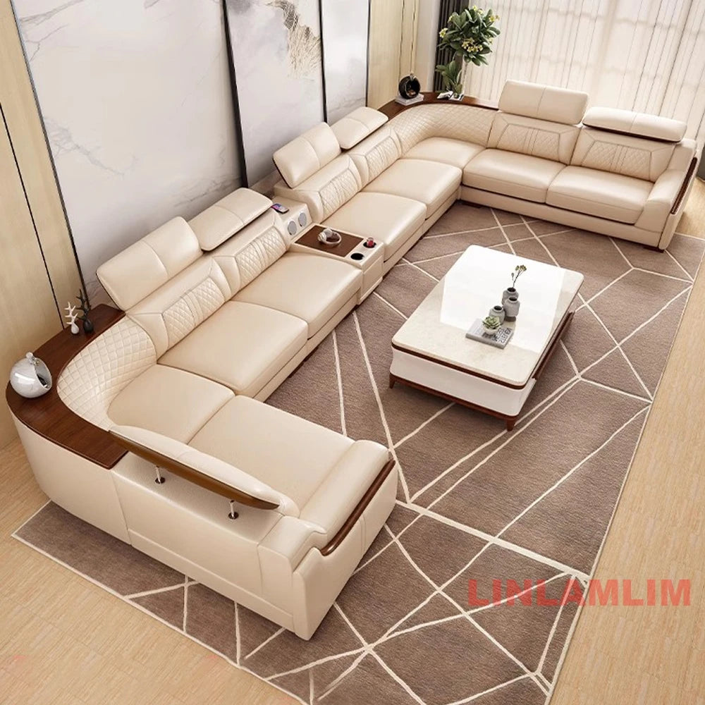 Modernes U-förmiges Ecksofa-Set mit Chaiselongue, echtes Leder Sofa mit Ablagetisch, USB – Große Wohnzimmermöbel