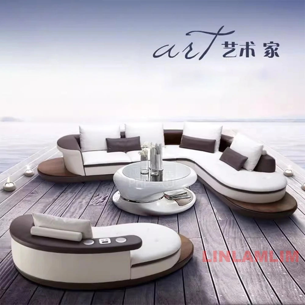 Modernes Luxus-Sofa-Set aus echtem Leder mit Lautsprecher und USB, U-förmiges Wohnzimmersofa mit Ablageregalen