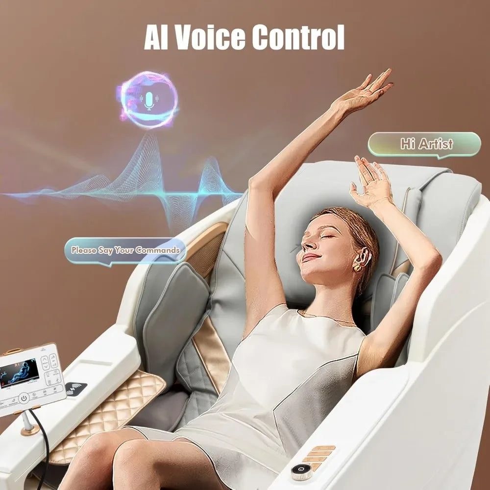 Ganzkörper-Massagesessel, SL-Track Zero-Gravity-Massagesessel mit Heizung, Bluetooth-Lautsprecher, KI-Sprachsteuerung, Weiß