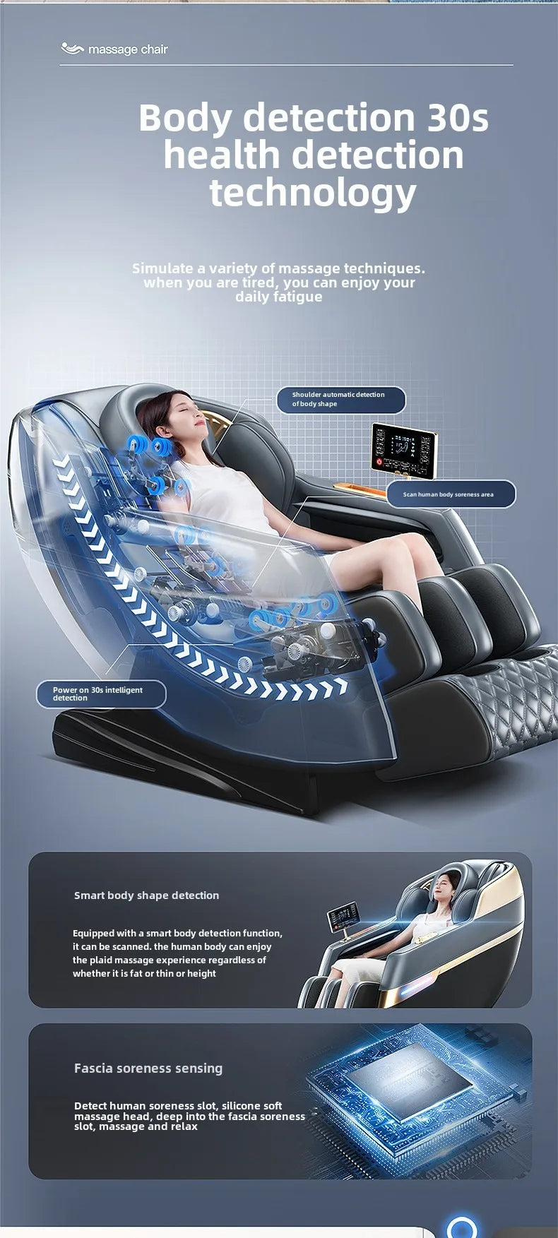 Ganzkörper-Zero-Gravity-Massagesessel mit Rücken-, Taillen-, Hüft-, Bein- und Fußmassage, 10 Rollen, Heizung, LCD-Touchscreen