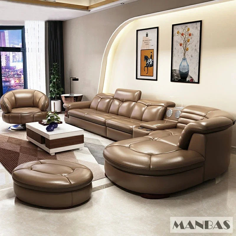 Luxuriöse L-förmige Sektionalsofa-Sets aus echtem Leder mit USB, Bluetooth-Lautsprecher – Linlamlim Wohnzimmer italienische Ledersofas