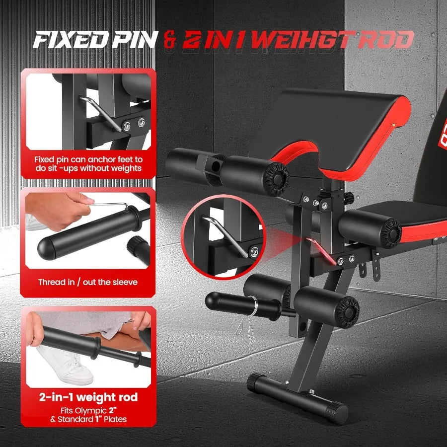 Verstellbare Hantelbank mit Beinstreckung und Beincurler, Workout-Bankdrücken, Scottbank mit Rollen, 800 LBS Flach-/Schrägbank