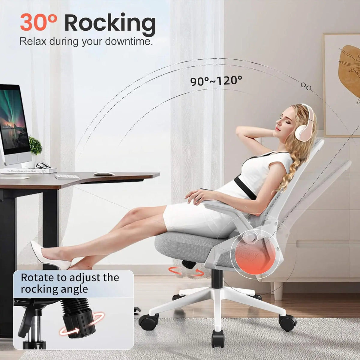 Ergonomic Office Chair with Flip-up Armrests, Breathable Mesh Back, Lumbar Support, Wide Seat for Home and Gaming