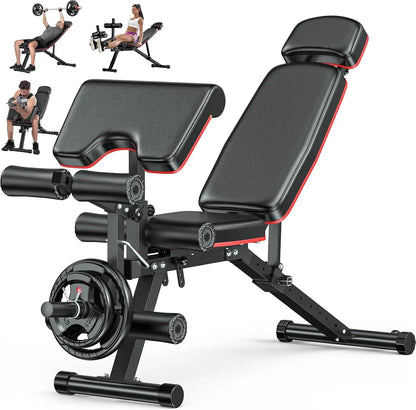 Workout Bench Adjustable Weight Bench with Leg Extension and Leg Curl Extended Headrest 900LBS Incline Decline Flat Workout Benc