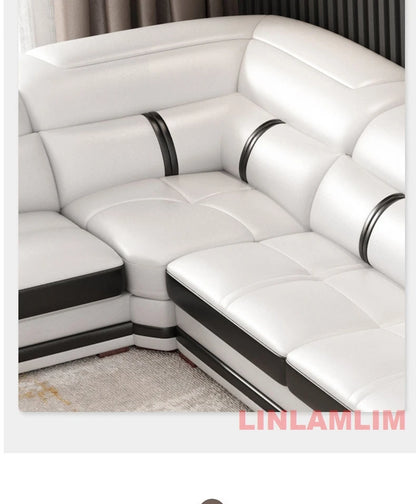 Modern U-Shaped Sectional Sofa with Chaise, White Genuine Leather Couch with Cup Holders, USB – Large Living Room Furniture Set
