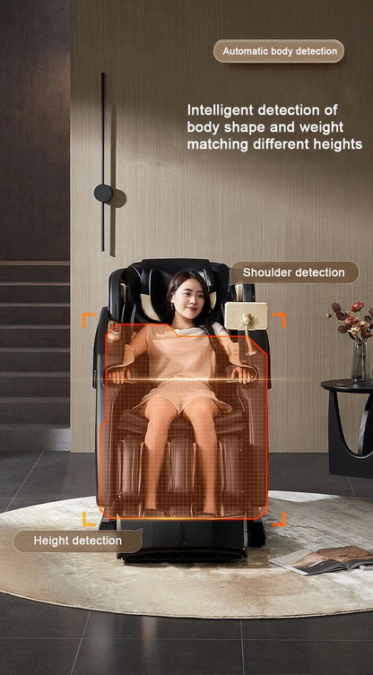 2025 4D-Massagesessel Ganzkörper-Massagesessel mit Schwerelosigkeit, verlängerter Fußstütze, SL-Schiene, Yoga-Stretch, Fußrollen und Heizung