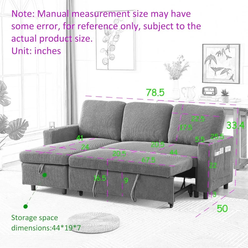 78.5" Corduroy L-Shaped Convertible Combo Sofa Bed with Reversible Storage Chaise,Pull-Out Sleeper Sofabed with Side Pockets an