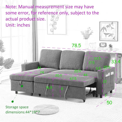 78.5" Corduroy L-Shaped Convertible Combo Sofa Bed with Reversible Storage Chaise,Pull-Out Sleeper Sofabed with Side Pockets an