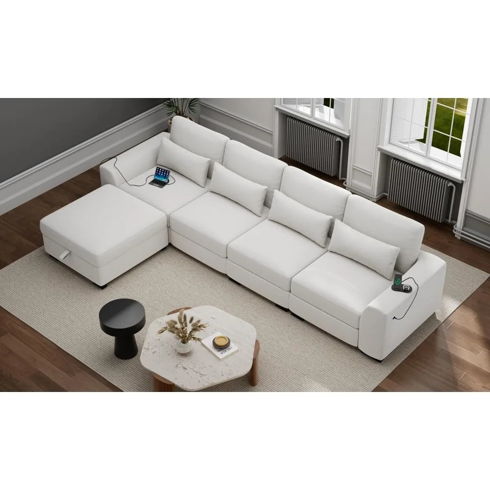 Modular Sectional Couches for Living Room - Convertible L Shaped Couch Beige 4 Seater Living Room Furniture Set - Sofa