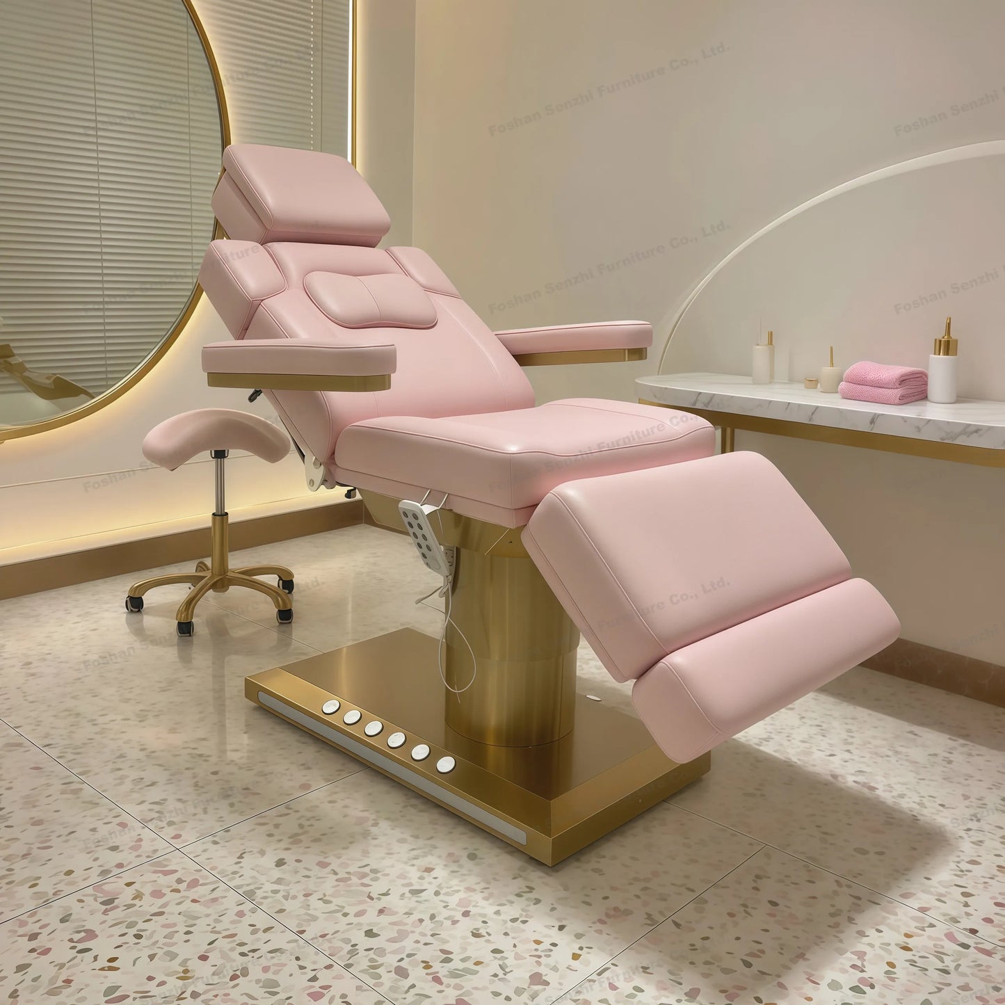 Luxuriöses elektrisches Schönheitsbett mit goldenem Sockel, Leder-Massagebett, Salon-Gesichts-Wimpernliege mit Beleuchtung