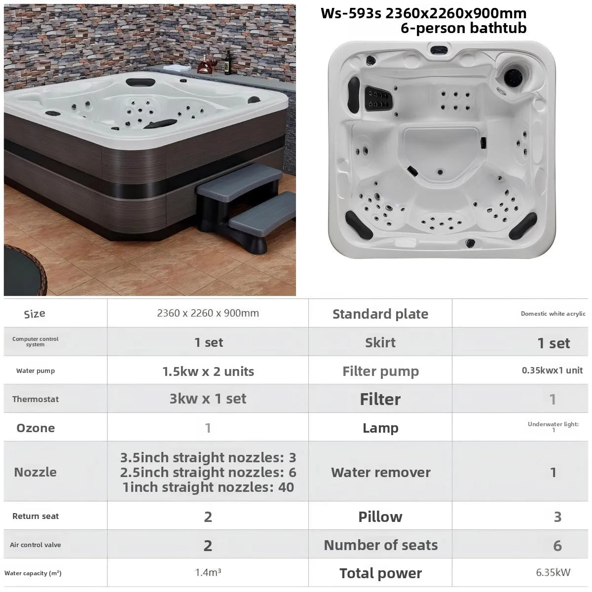 Outdoor-Jacuzzi-SPA-Whirlpool, großer Acryl-Massagebadewanne, intelligenter thermostatisch beheizter Pool, Villa, Hof, Hotel, Resort