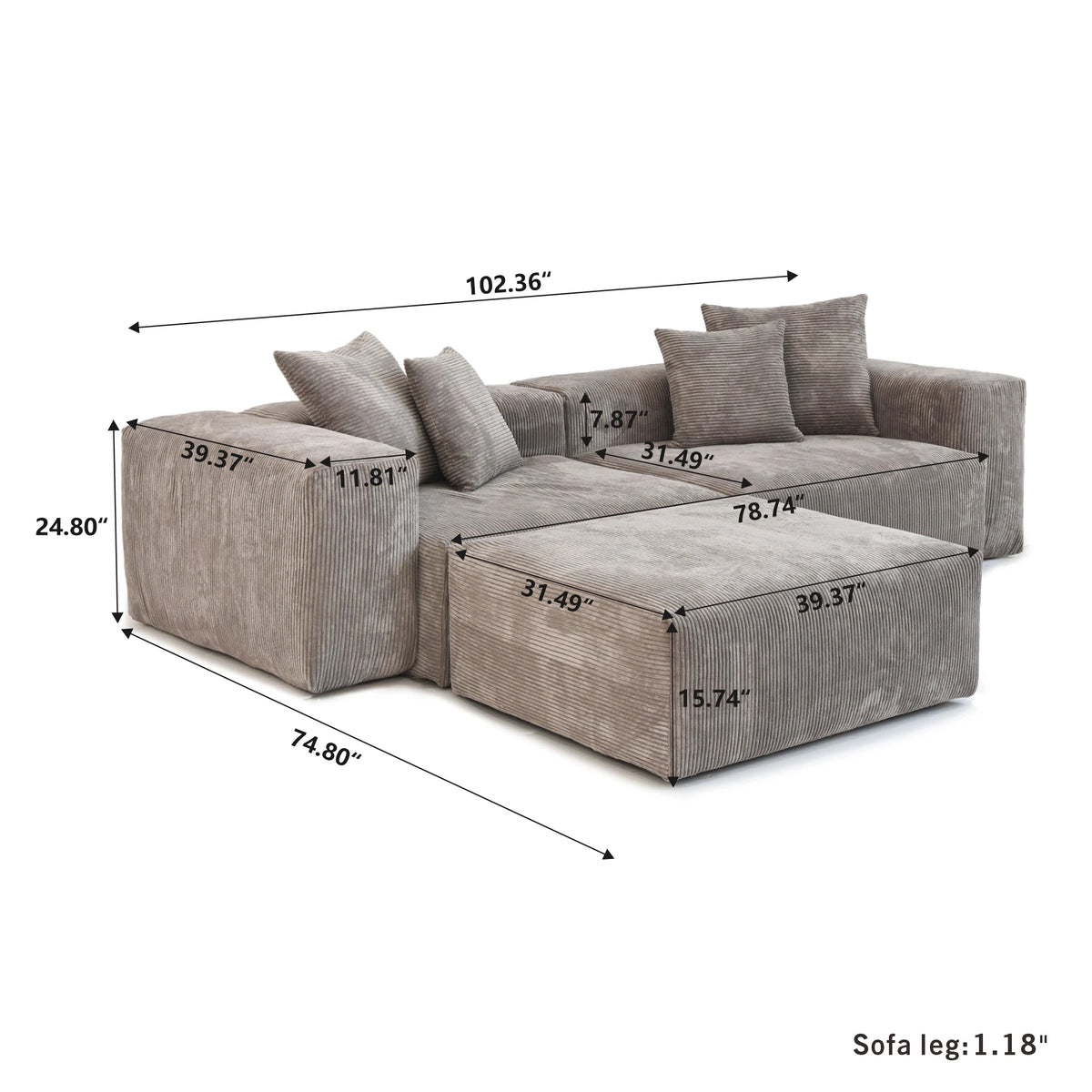 Modernes Cord-Sofa mit 4 Kissen, 102