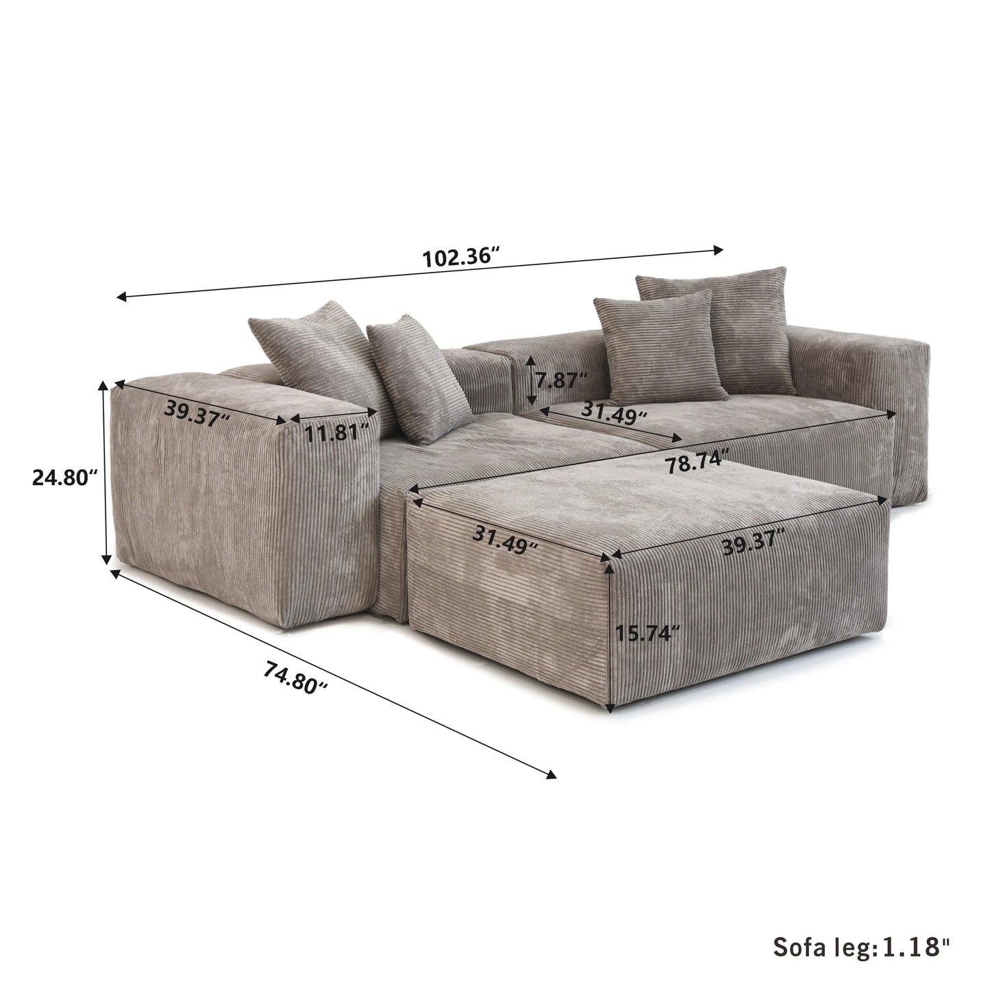 Modernes Cord-Sofa mit 4 Kissen, 102" L-förmiges Sofa mit Chaiselongue und Ottoman, Hartholzrahmen-Sofa für das Wohnzimmer