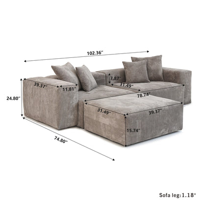 Modernes Cord-Sofa mit 4 Kissen, 102" L-förmiges Sofa mit Chaiselongue und Ottoman, Hartholzrahmen-Sofa für das Wohnzimmer