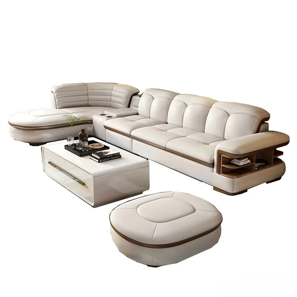 Luxury L-Shaped Genuine Leather Sectional Sofa Sets with USB, Bluetooth Speaker - MANBAS Living Room Italian Leather Couches