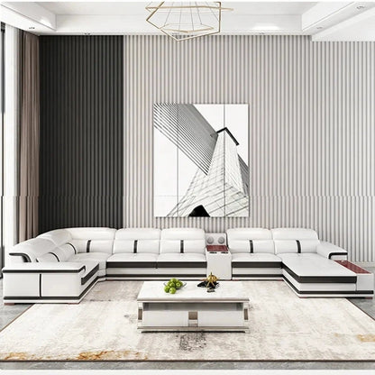 Modern U-Shaped Sectional Sofa with Chaise, White Genuine Leather Couch with Cup Holders, USB – Large Living Room Furniture Set