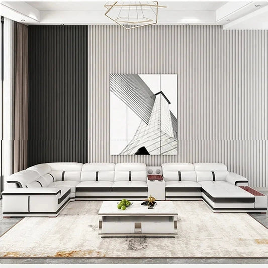 Modernes U-förmiges Ecksofa mit Récamiere, weißes Echtleder-Sofa mit Getränkehaltern, USB – Großes Wohnzimmermöbel-Set