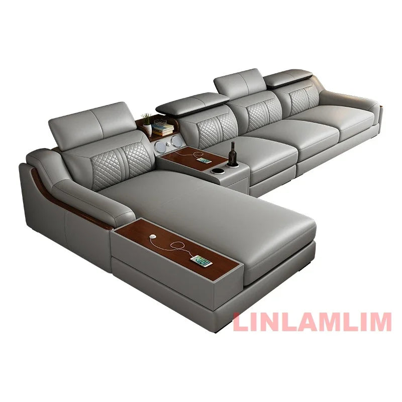 Modernes U-förmiges Ecksofa-Set mit Chaiselongue, echtes Leder Sofa mit Ablagetisch, USB – Große Wohnzimmermöbel