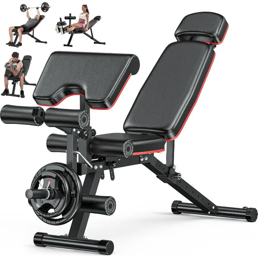 Verstellbare Hantelbank mit Beinverlängerung und Beinbeuger für das Heim-Fitnessstudio, verlängerte Kopfstütze, 900LBS Tragkraft, Neigung, Rückgang, flaches Training