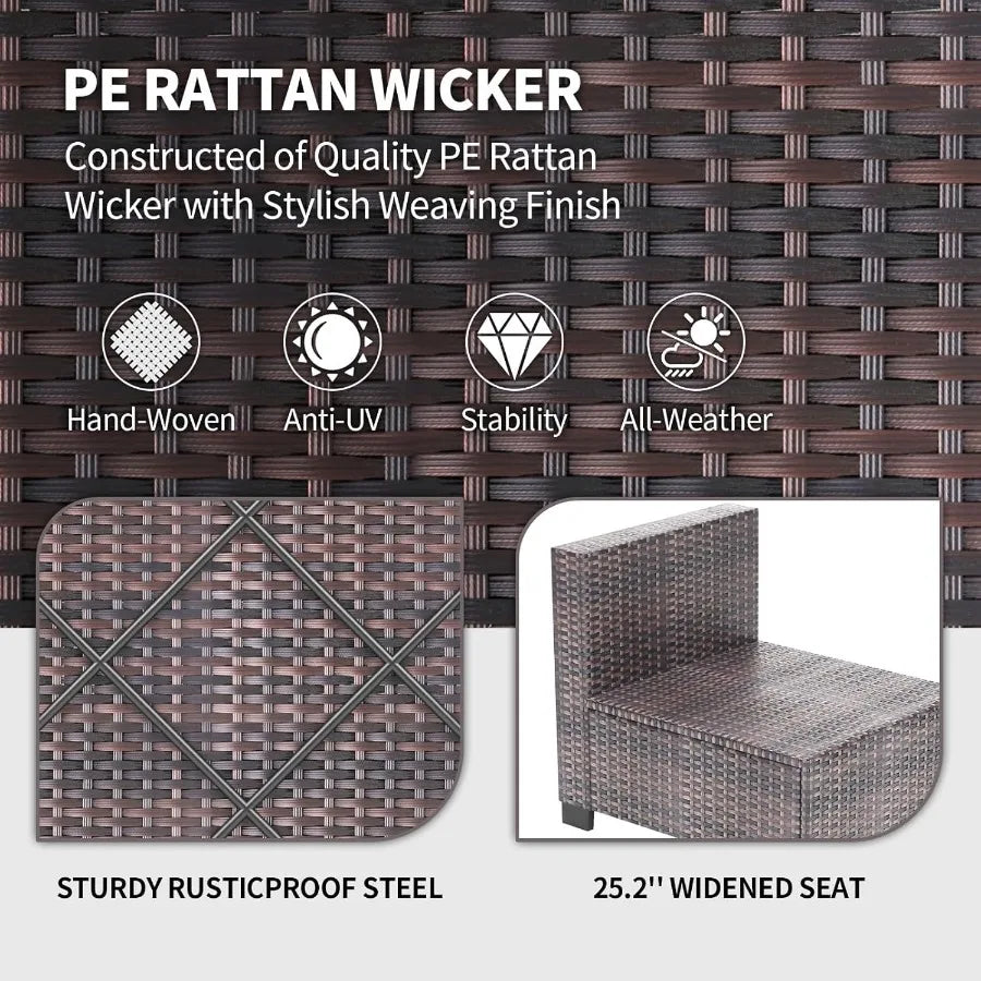 7 Piece Outdoor Patio Furniture Set with PE Rattan Conversation Sofa Thick Cushioned Wicker Patio Set Featuring Glass Top Coffe