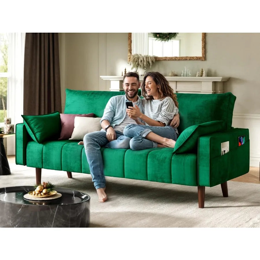 67 Loveseat Sofa aus Samtstoff, entworfen für kleine Räume, modernes, geknöpftes Sofa mit integrierten Seitenaufbewahrungstaschen, perfekt