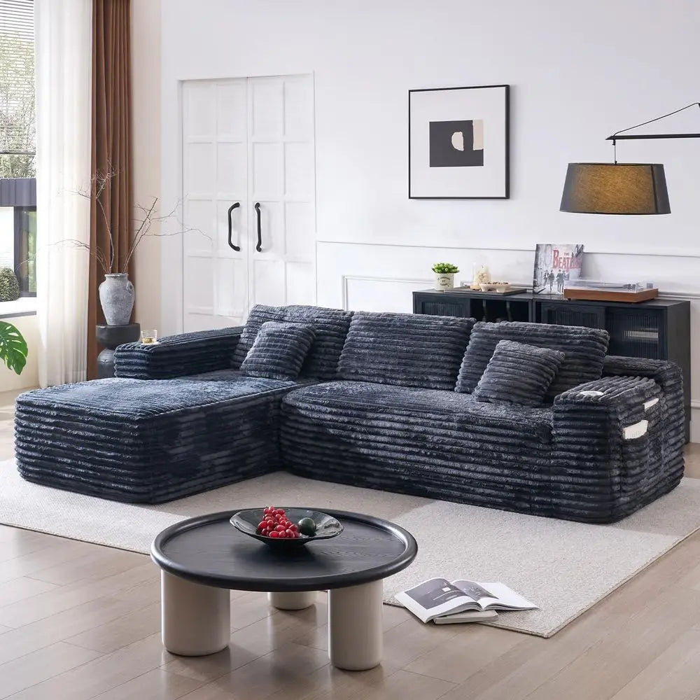 Cloud-Ecksofa mit L-förmiger Chaiselongue, modernes modulares Sofa mit tiefer Sitzfläche, integriertem Getränkehalter und Aufbewahrungstasche für das Wohnzimmer