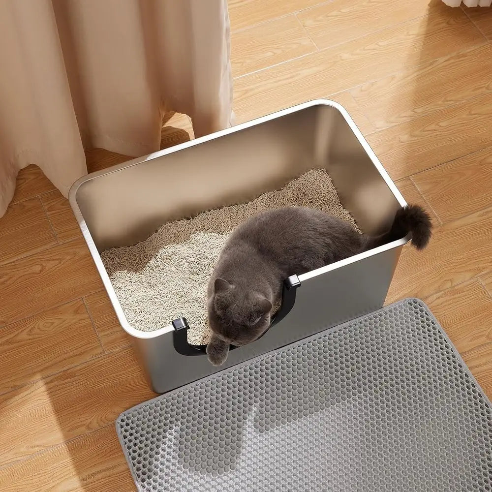 Bac à litière géant en acier inoxydable avec côtés hauts pour un contrôle facile de l'urine et du litière, adapté aux chatons et aux chats âgés
