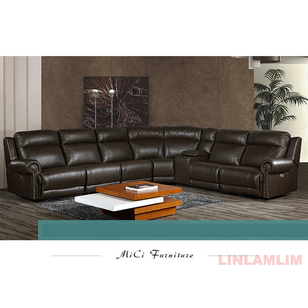 MINGDIBAO Luxuriöses Sofa-Set aus echtem Leder mit elektrischer Relaxfunktion, L-förmige elektrische Relax-Couch mit Nagelverzierung, Heimkinositz