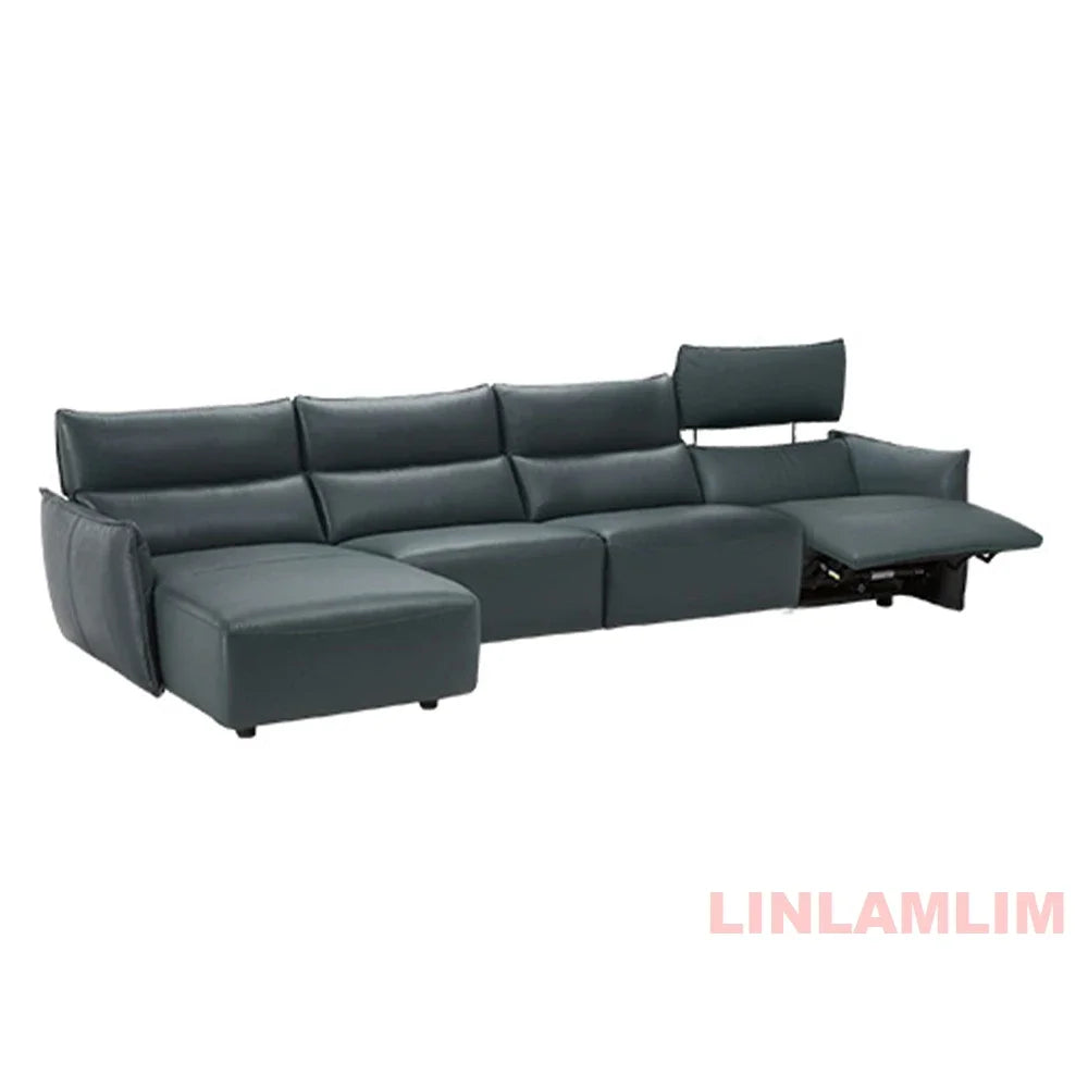 QY Ecksofa mit zwei Motoren, elektrischer Relaxfunktion, echtem Leder und verstellbaren Kopfstützen, L-förmige Eckcouch mit Chaiselongue